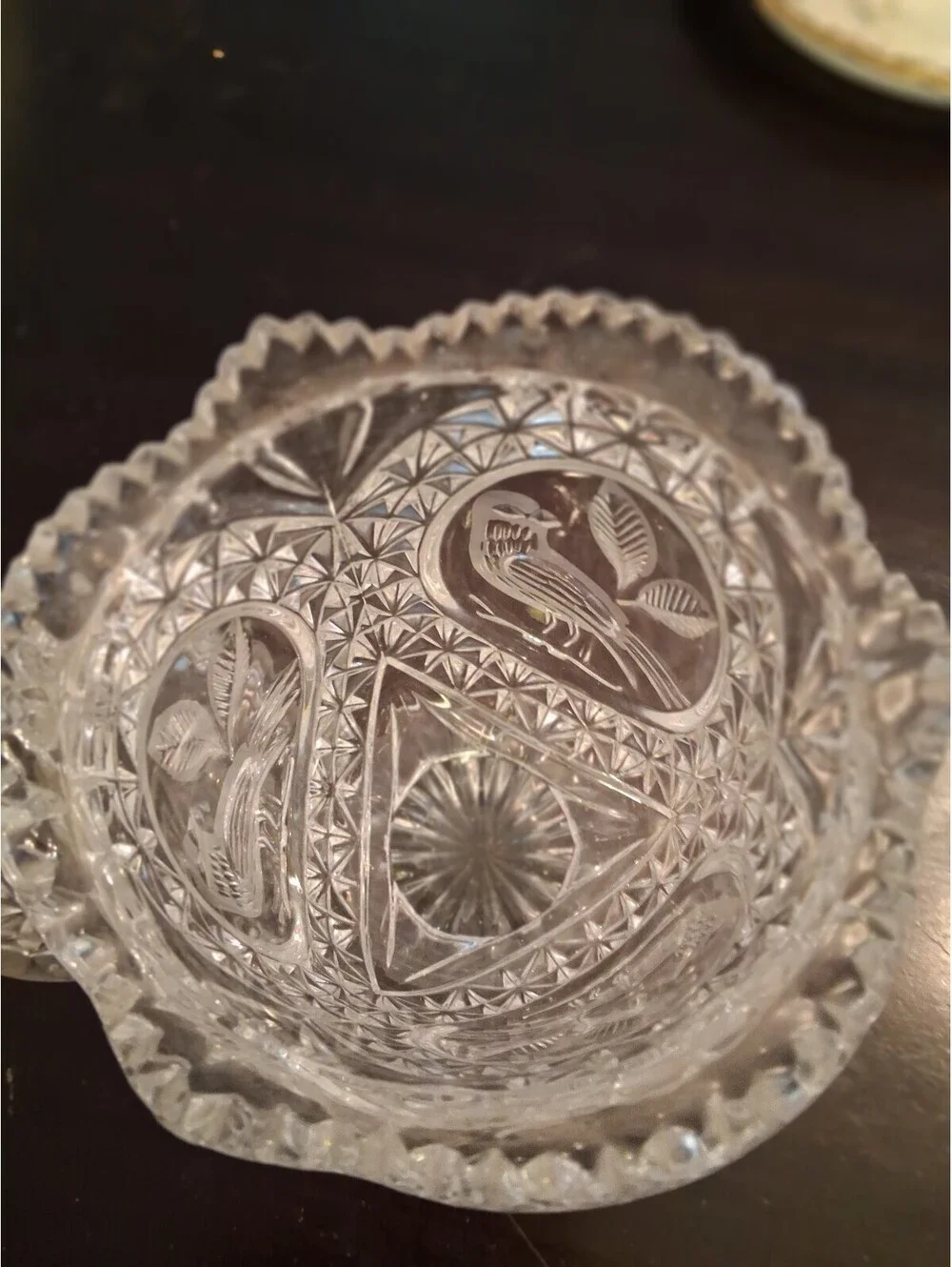 Vintage Cut Glass Covered Sugar Bowl with Bird Motif